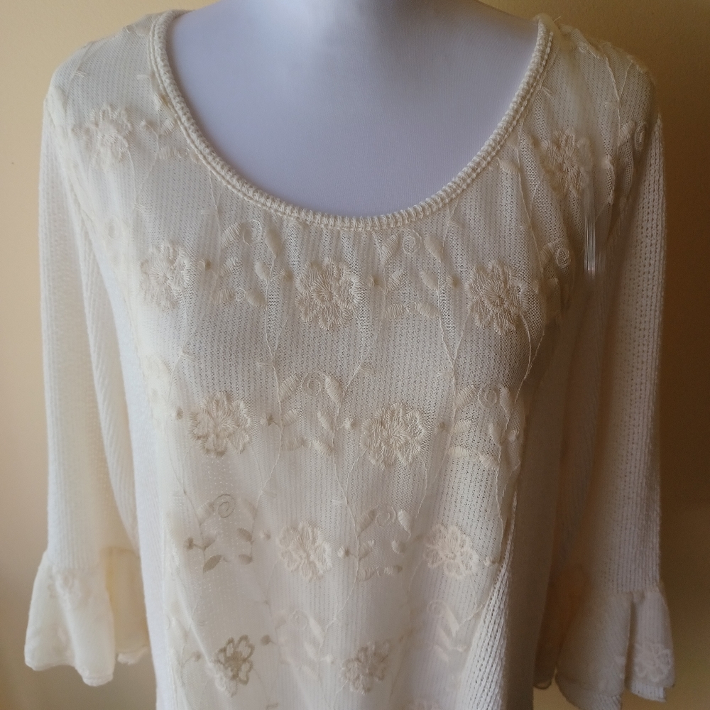 NWT Cal Style Women's Lightweight Tunic Sweater Size 2XL Cream Embroidered Mesh